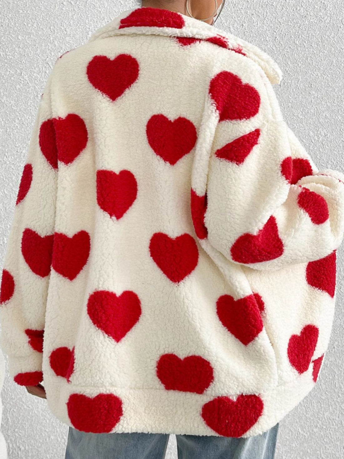 Valentine's Day Heart Zip Up Drop Shoulder Furry Jacket